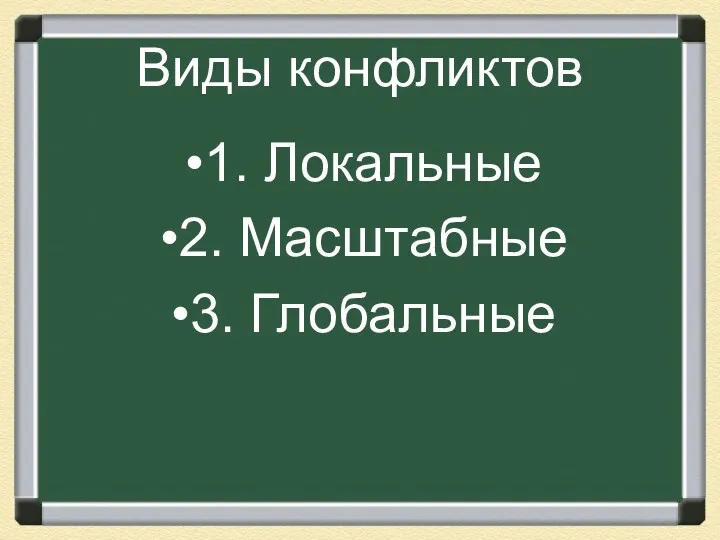 Виды конфликтов 1. Локальные 2. Масштабные 3. Глобальные