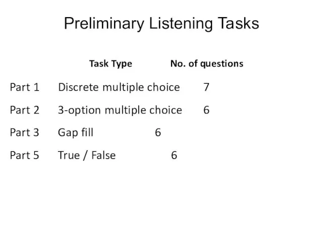 Preliminary Listening Tasks Part 1 Discrete multiple choice 7 Part 2 3-option multiple