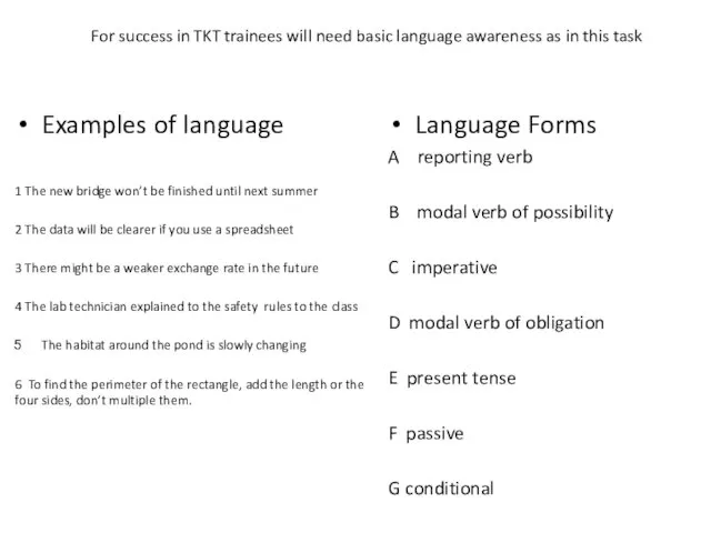 For success in TKT trainees will need basic language awareness