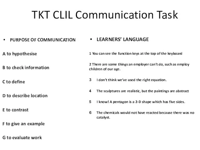 TKT CLIL Communication Task PURPOSE OF COMMUNICATION A to hypothesise B to check