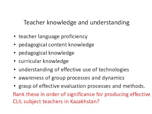 Teacher knowledge and understanding teacher language proficiency pedagogical content knowledge pedagogical knowledge curricular