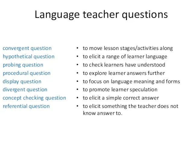 Language teacher questions convergent question hypothetical question probing question procedural