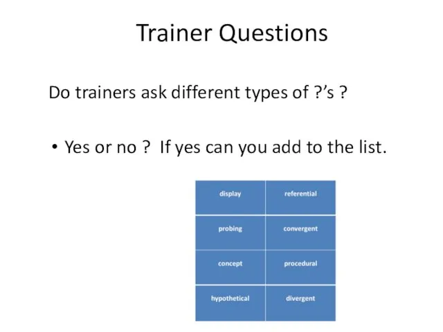 Trainer Questions Do trainers ask different types of ?’s ? Yes or no