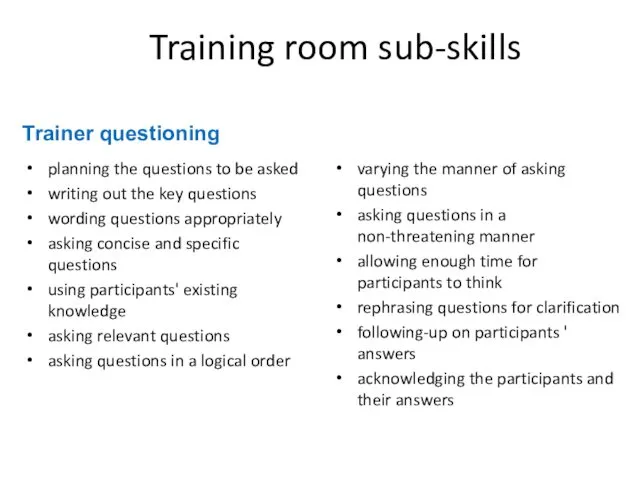 Training room sub-skills planning the questions to be asked writing out the key