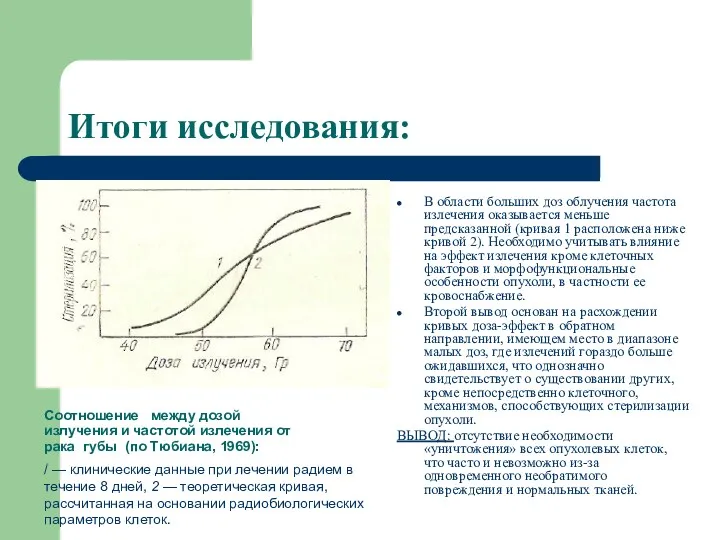 Итоги исследования: В области больших доз облучения частота излечения оказывается