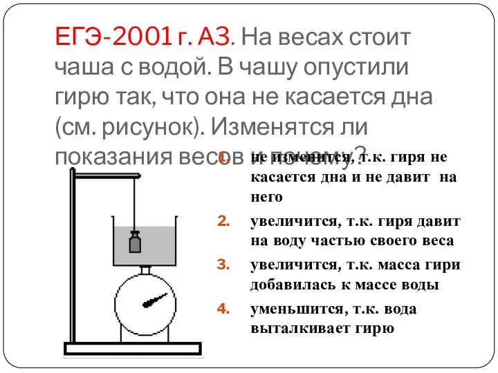 ЕГЭ-2001 г. А3. На весах стоит чаша с водой. В