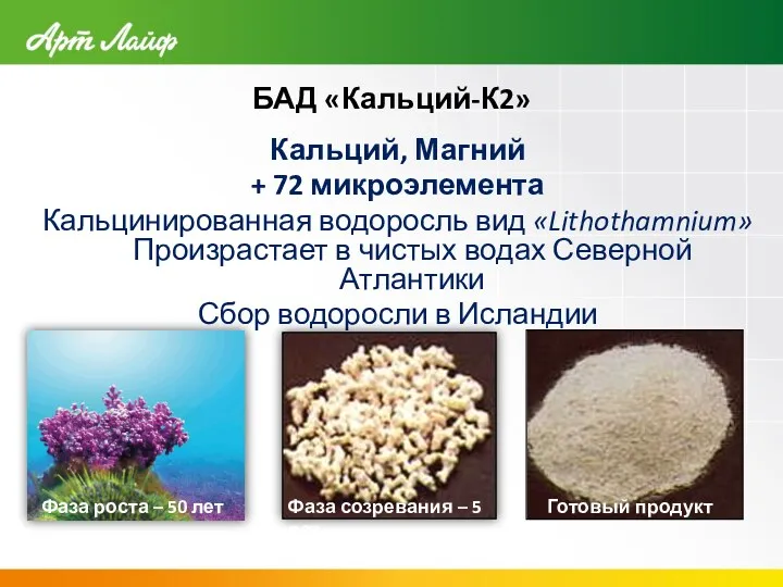 БАД «Кальций-К2» Кальций, Магний + 72 микроэлемента Кальцинированная водоросль вид