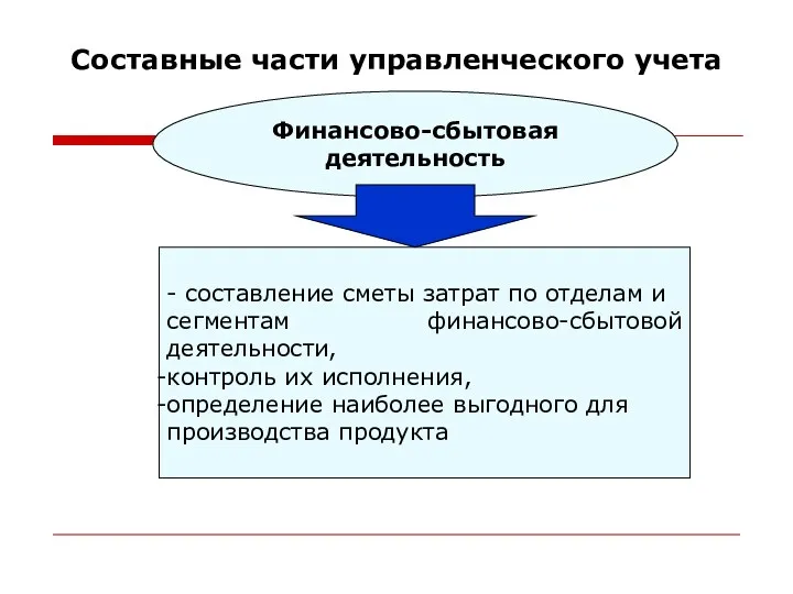 Составные части управленческого учета Финансово-сбытовая деятельность - составление сметы затрат