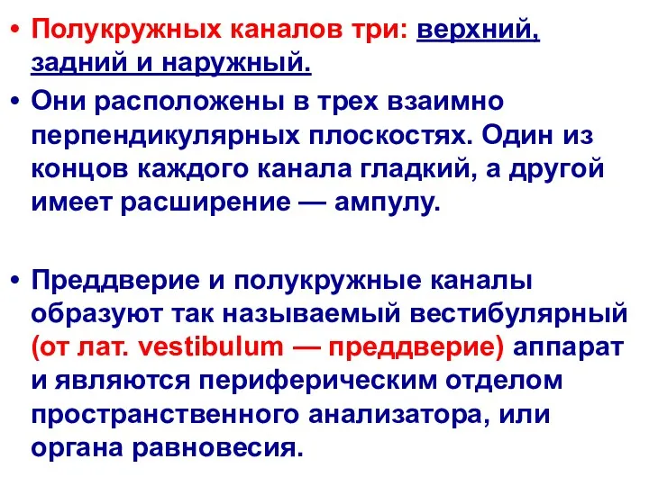 Полукружных каналов три: верхний, задний и наружный. Они расположены в