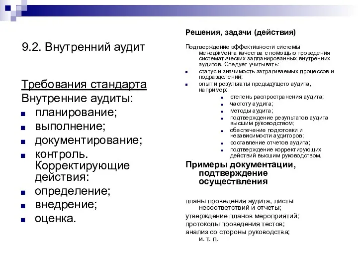 9.2. Внутренний аудит Требования стандарта Внутренние аудиты: планирование; выполнение; документирование;