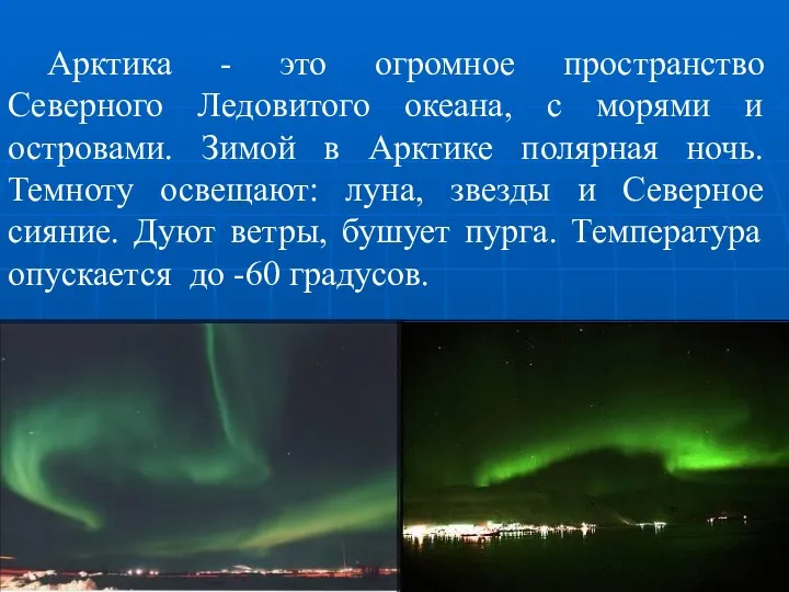 Арктика - это огромное пространство Северного Ледовитого океана, с морями и островами. Зимой