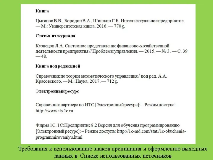 Требования к использованию знаков препинания и оформлению выходных данных в Списке использованных источников