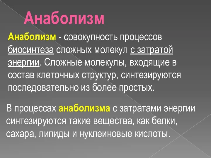 В процессах анаболизма с затратами энергии синтезируются такие вещества, как