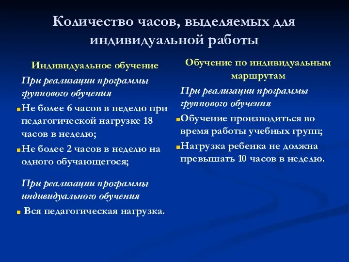 Количество часов, выделяемых для индивидуальной работы Индивидуальное обучение При реализации