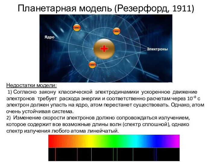 Планетарная модель (Резерфорд, 1911) Недостатки модели: 1) Согласно закону классической