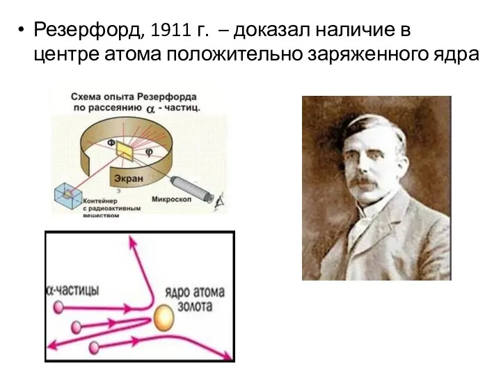 Резерфорд, 1911 г. – доказал наличие в центре атома положительно заряженного ядра