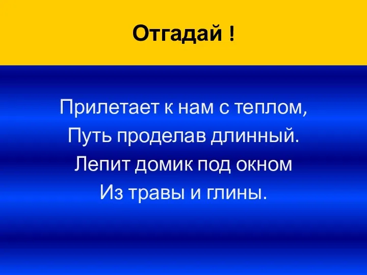 Отгадай ! Прилетает к нам с теплом, Путь проделав длинный. Лепит домик под