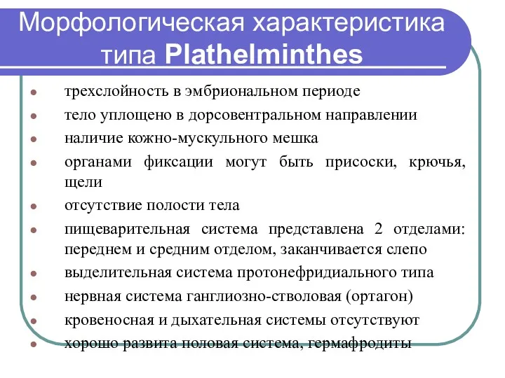 Морфологическая характеристика типа Plathelminthes трехслойность в эмбриональном периоде тело уплощено