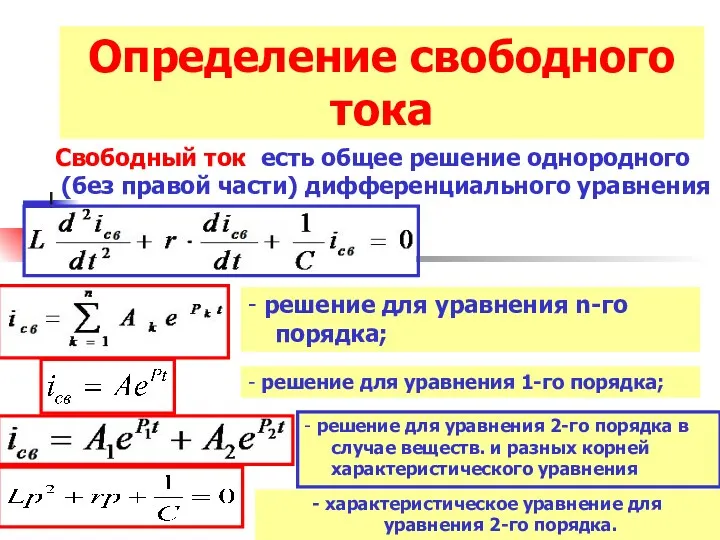 Определение свободного тока Свободный ток есть общее решение однородного (без