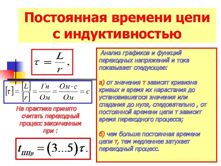 Постоянная времени цепи с индуктивностью Анализ графиков и функций переходных