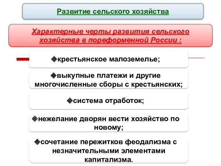 Развитие сельского хозяйства Характерные черты развития сельского хозяйства в пореформенной