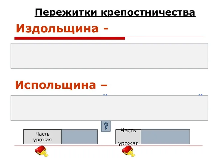 Издольщина - аренда господской земли с передачей владельцу части урожая.