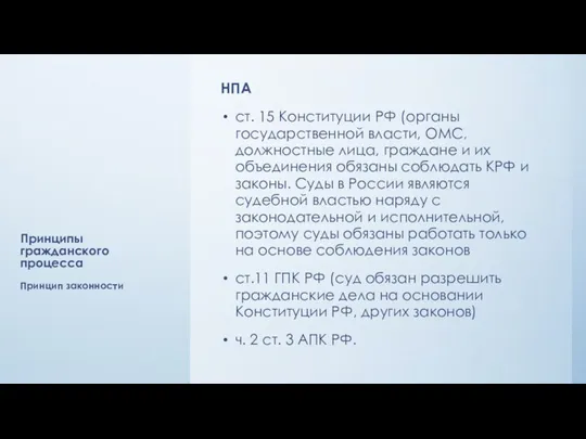 Принципы гражданского процесса НПА ст. 15 Конституции РФ (органы государственной