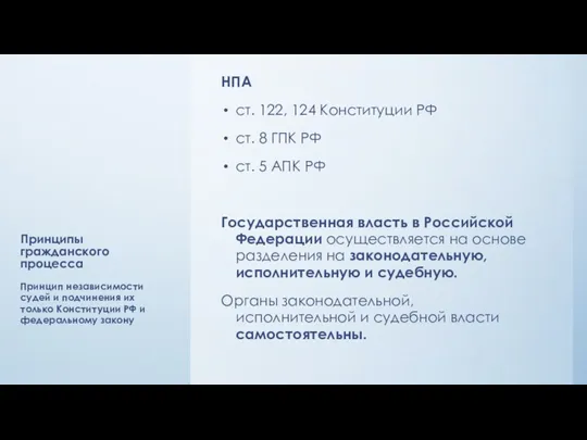 Принципы гражданского процесса НПА ст. 122, 124 Конституции РФ ст.