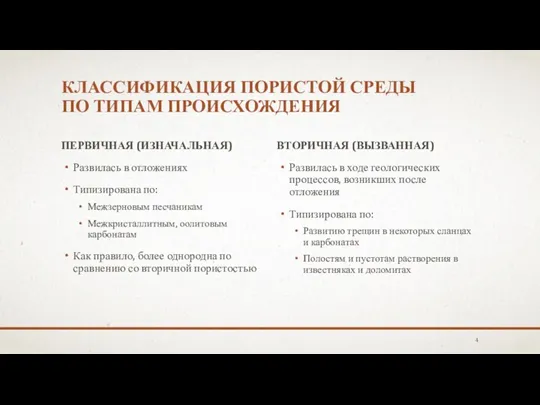 КЛАССИФИКАЦИЯ ПОРИСТОЙ СРЕДЫ ПО ТИПАМ ПРОИСХОЖДЕНИЯ ПЕРВИЧНАЯ (ИЗНАЧАЛЬНАЯ) Развилась в