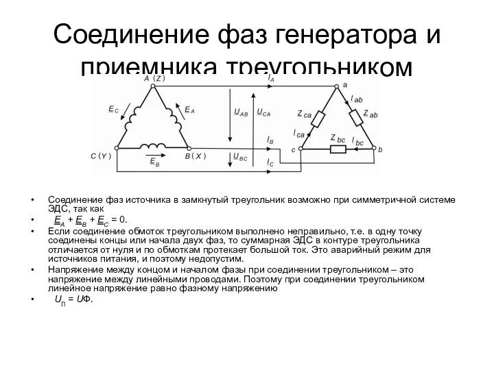 Соединение фаз генератора и приемника треугольником Соединение фаз источника в