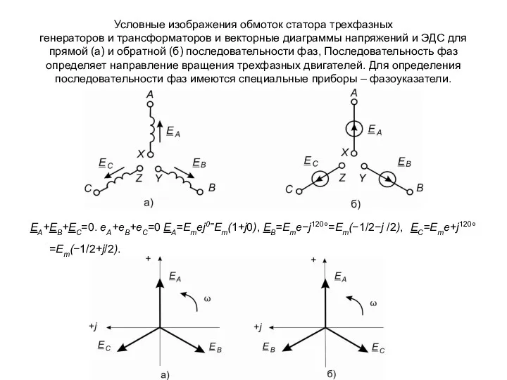 Условные изображения обмоток статора трехфазных генераторов и трансформаторов и векторные