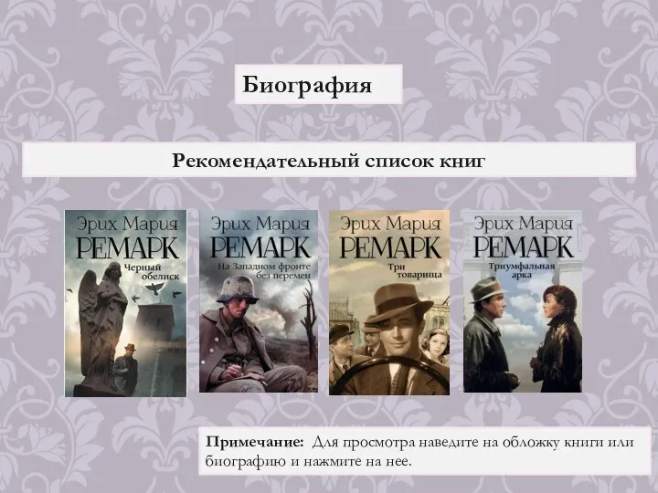 Биография Рекомендательный список книг Примечание: Для просмотра наведите на обложку