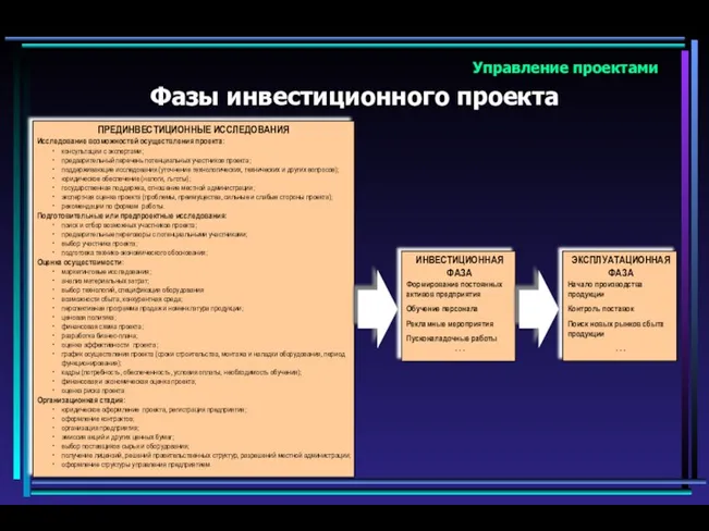 Управление проектами Фазы инвестиционного проекта ПРЕДИНВЕСТИЦИОННЫЕ ИССЛЕДОВАНИЯ Исследование возможностей осуществления