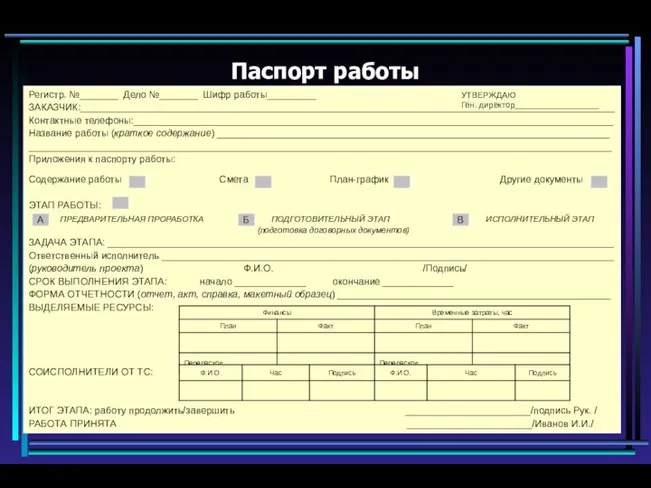 Паспорт работы Регистр. №_______ Дело №_______ Шифр работы_________ ЗАКАЗЧИК:__________________________________________________________________________________________________ Контактные