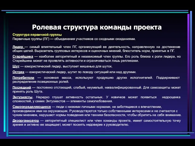 Ролевая структура команды проекта Структура первичной группы Первичные группы (ПГ)