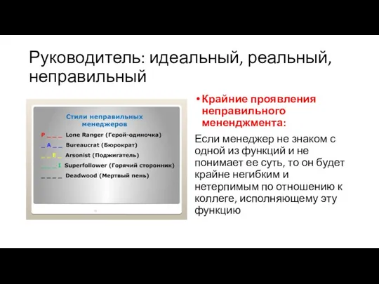 Руководитель: идеальный, реальный, неправильный Крайние проявления неправильного мененджмента: Если менеджер