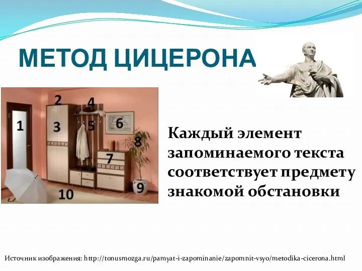 МЕТОД ЦИЦЕРОНА: Каждый элемент запоминаемого текста соответствует предмету знакомой обстановки Источник изображения: http://tonusmozga.ru/pamyat-i-zapominanie/zapomnit-vsyo/metodika-cicerona.html