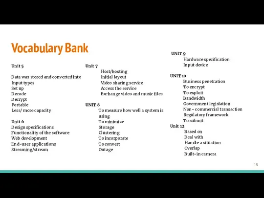 Vocabulary Bank Unit 5 Data was stored and converted into