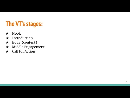 The VT’s stages: Hook​ Introduction​ Body (content)​ Middle Engagement​ Call for Action