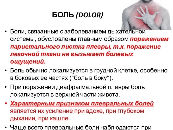 БОЛЬ (DOLOR) Боли, связанные с заболеванием дыхательной системы, обусловлены главным