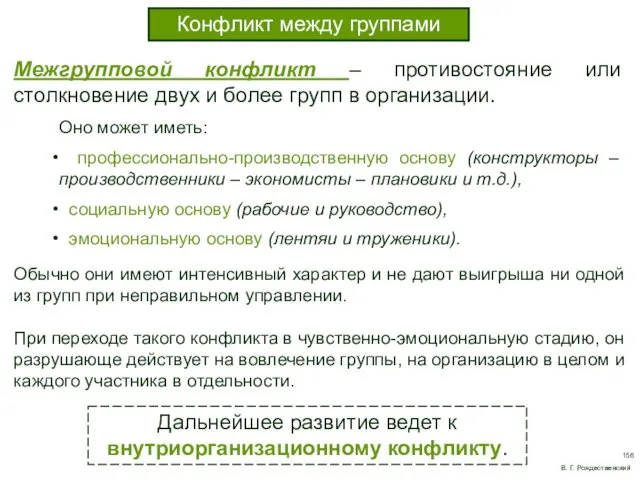 Конфликт между группами Оно может иметь: профессионально-производственную основу (конструкторы – производственники – экономисты