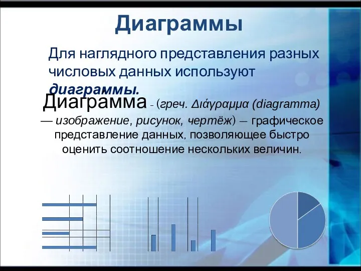 Для наглядного представления разных числовых данных используют диаграммы. Диаграммы Диагра́мма