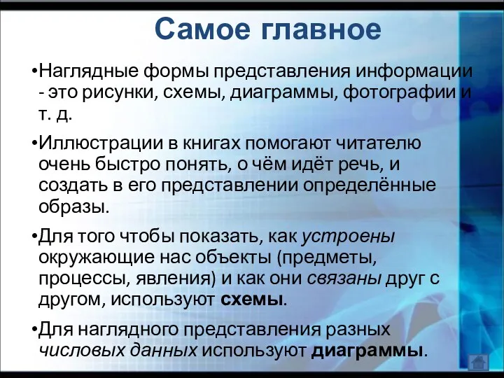 Самое главное Наглядные формы представления информации - это рисунки, схемы,