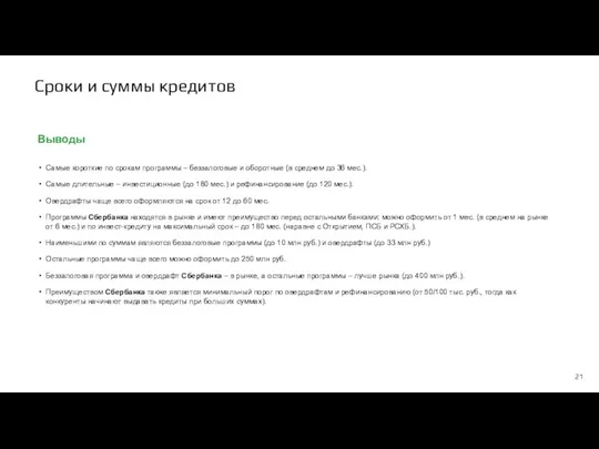 Сроки и суммы кредитов Выводы Самые короткие по срокам программы – беззалоговые и