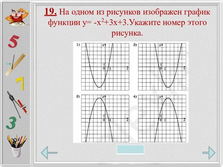 19. На одном из рисунков изображен график функции у= -х2+3х+3.Укажите номер этого рисунка.