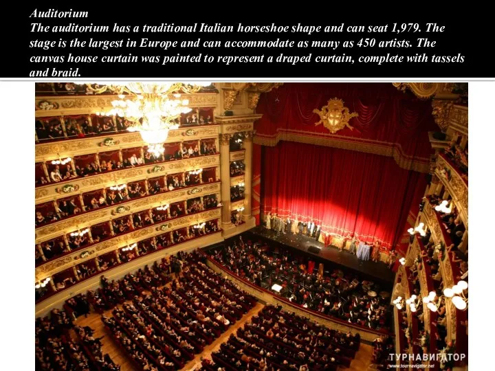 Auditorium The auditorium has a traditional Italian horseshoe shape and