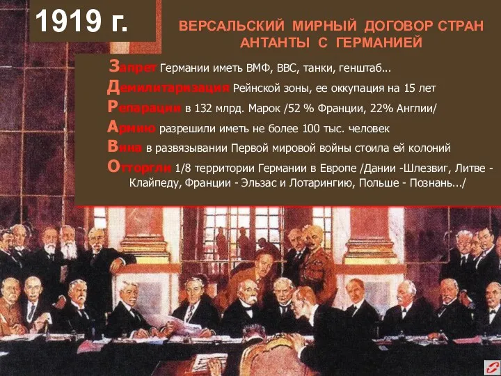 1919 г. ВЕРСАЛЬСКИЙ МИРНЫЙ ДОГОВОР СТРАН АНТАНТЫ С ГЕРМАНИЕЙ Запрет