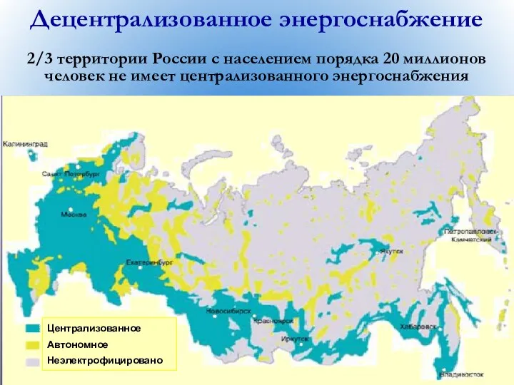 Децентрализованное энергоснабжение 2/3 территории России с населением порядка 20 миллионов