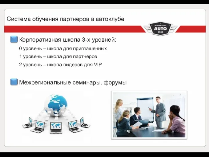 Система обучения партнеров в автоклубе Корпоративная школа 3-х уровней: 0 уровень – школа