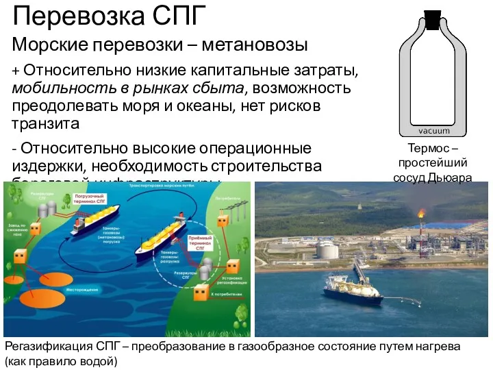 Перевозка СПГ Морские перевозки – метановозы + Относительно низкие капитальные